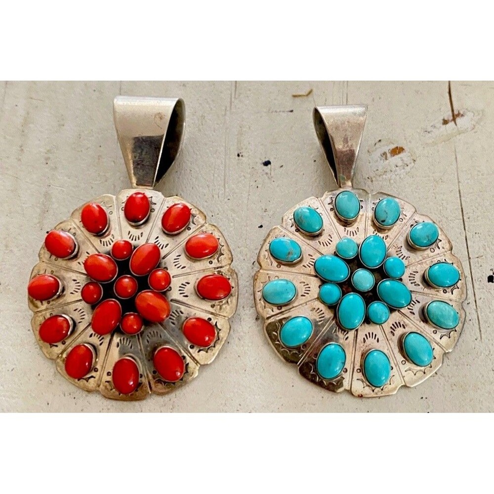 Jay King 2 Desert Rose Southwestern Pendant Sterling Silver, Coral, Turquoise Vg